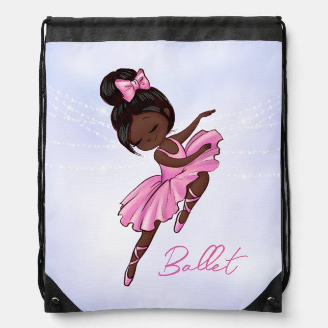 African American Ballerina Pink Tutu Ballet Dance Drawstring Bag (Front)