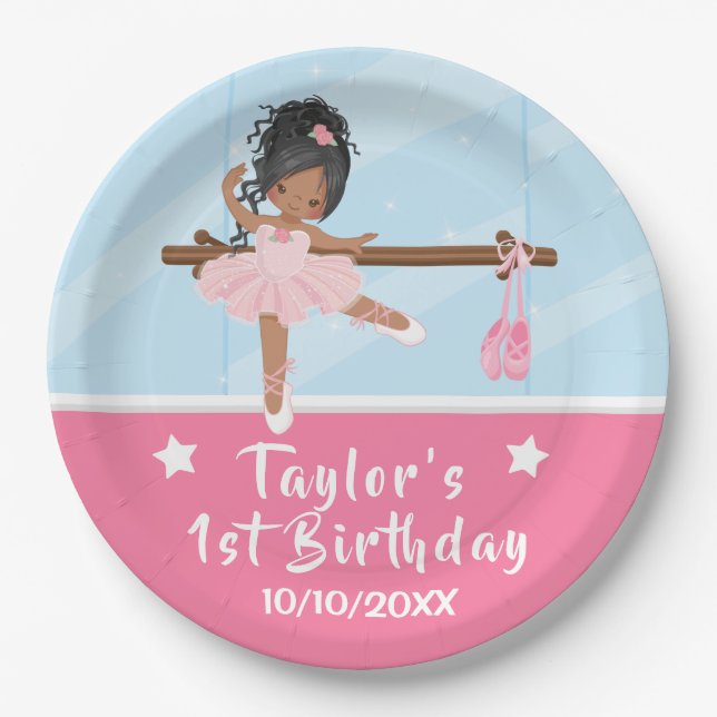 African American Ballerina Pink Tutu Birthday Pape Paper Plates (Front)