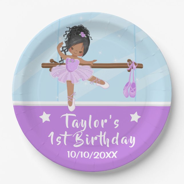 African American Ballerina Purple Tutu Birthday Pa Paper Plates (Front)