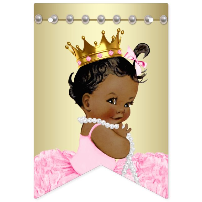 African American Ballerina Tutu Pearls Baby Shower Bunting Flags (First Flag)