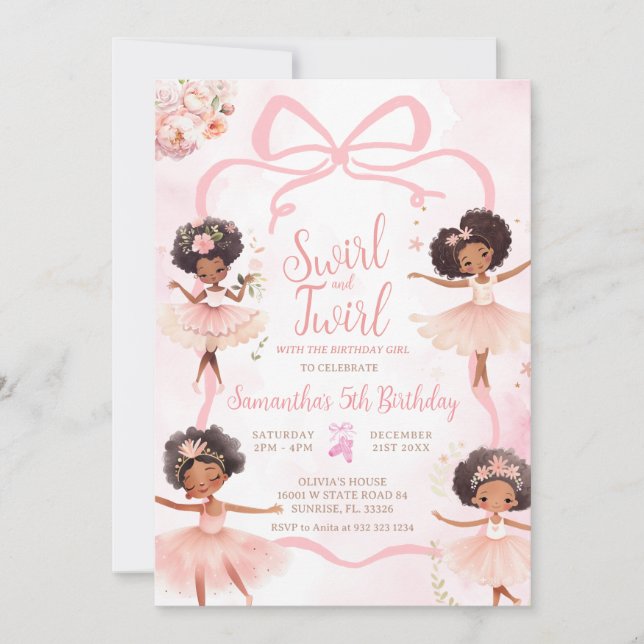 African American Ballerina Tutu Pink Bow Birthday Invitation (Front)