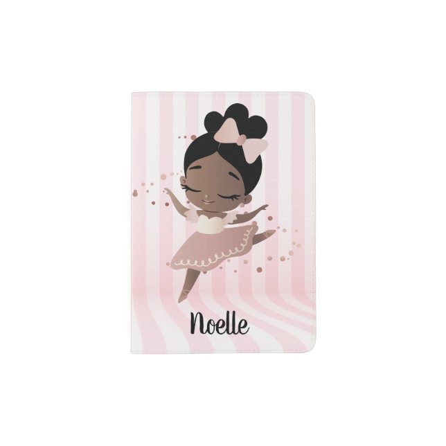 African American Ballerina with Bow, Pink & Beige Passport Holder (Front)
