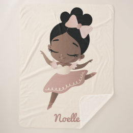 African American Ballerina with Bow, Pink & Beige Sherpa Blanket