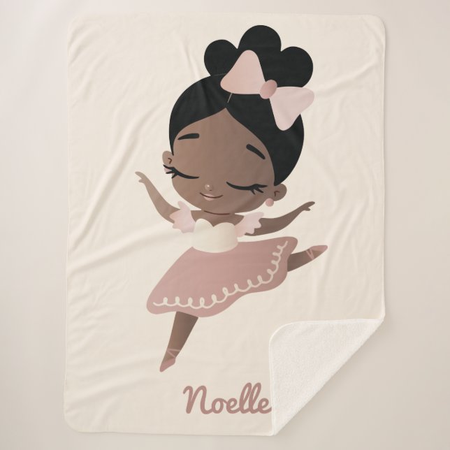 African American Ballerina with Bow, Pink & Beige Sherpa Blanket (Front)