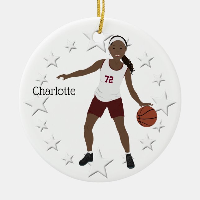 African American Basketball Girl In Maroon Ceramic Ornament (Front)