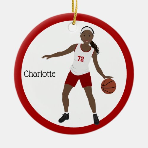 African American Basketball Girl In Red  White Ceramic Ornament