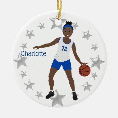 African American Basketball Player White  Blue Ceramic Ornament