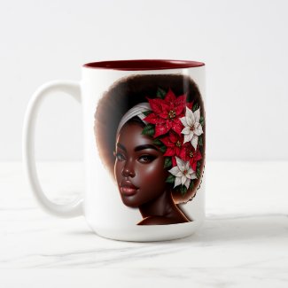 African-American Beauty With Poinsettias Christmas Two-Tone Coffee Mug