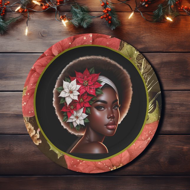 African-American Beauty with Poinsettias Paper Plates (Creator Uploaded)
