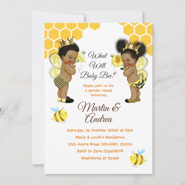 African American Bee Gender Reveal Bee Party Invitation (Front)