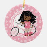 African American Bicycle Girl - Pink White Ceramic Ornament
