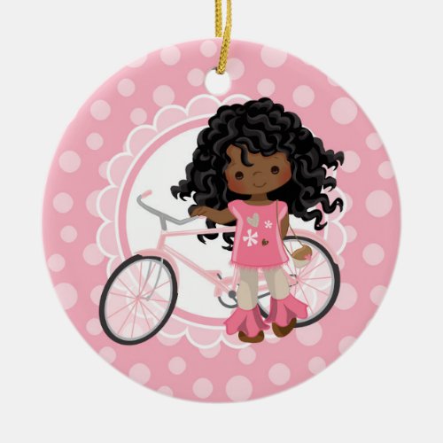 African American Bicycle Girl _ Pink White Ceramic Ornament