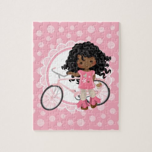 African American Bicycle Girl _ Pink White Jigsaw Puzzle