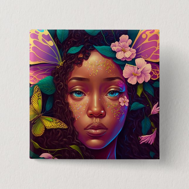 African American Black Fairy Fantasy Art Button (Front)