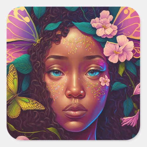 African American Black Fairy Fantasy Art Square Sticker