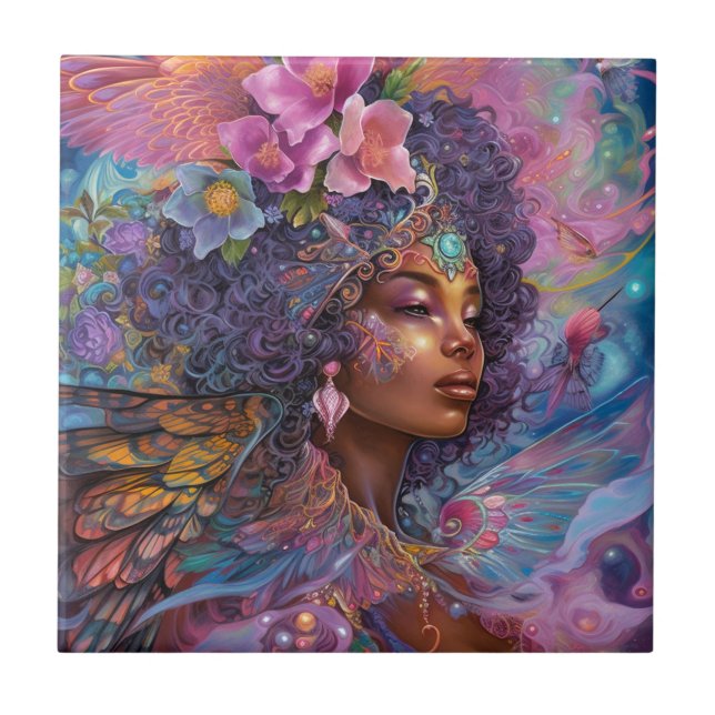 African American Black Goddess Queen Fantasy Art C Ceramic Tile (Front)