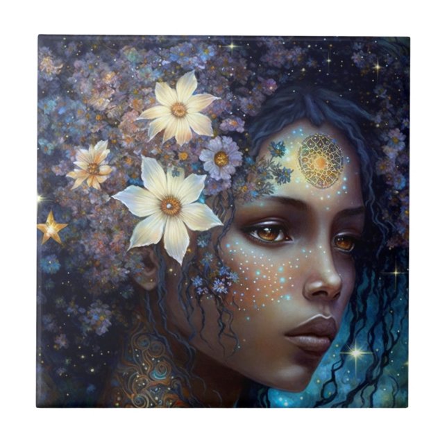 African American Black Goddess Queen Fantasy Art C Ceramic Tile (Front)