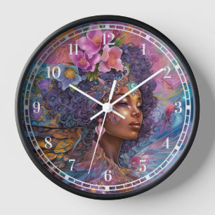 African American Black Goddess Queen Fantasy Art C Clock