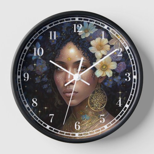 African American Black Goddess Queen Fantasy Art C Clock