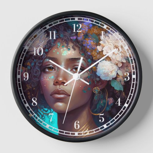 African American Black Goddess Queen Fantasy Art C Clock