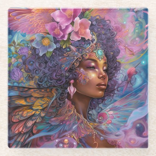 African American Black Goddess Queen Fantasy Art G Glass Coaster