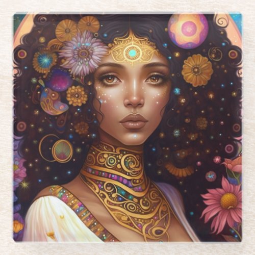African American Black Goddess Queen Fantasy Art Glass Coaster