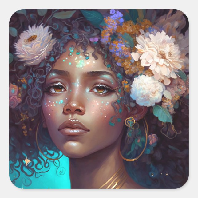 African American Black Goddess Queen Fantasy Art S Square Sticker (Front)