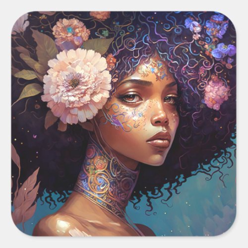 African American Black Goddess Queen Fantasy Art Square Sticker