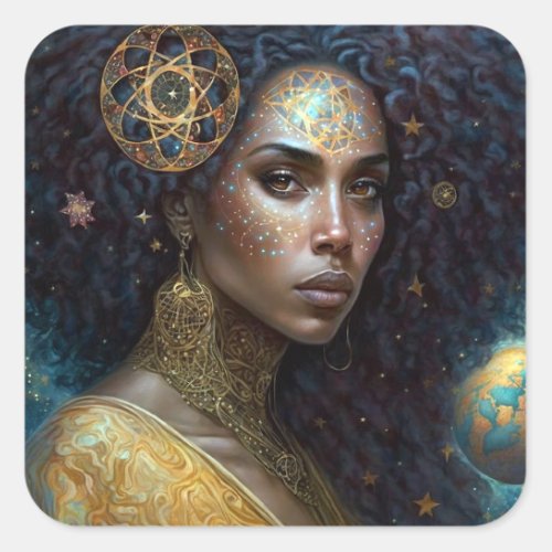 African American Black Goddess Queen Fantasy Art Square Sticker