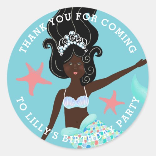 African American Black Mermaid Birthday Favor Classic Round Sticker