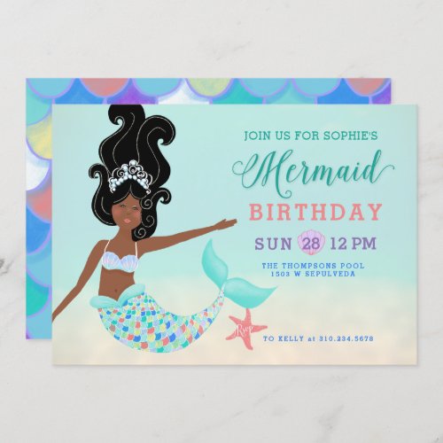 African American Black Mermaid Birthday Party Invitation