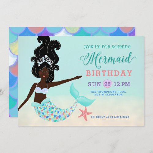 African American Black Mermaid Birthday Party Invitation
