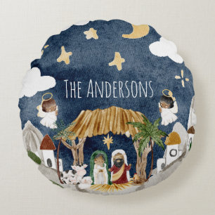 African American Black Nativity Christmas Round Pillow