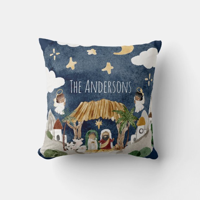 African American Black Nativity Christmas Throw Pillow (Front)