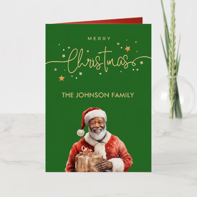 African American Black Santa Claus Christmas Foil Greeting Card (Front)