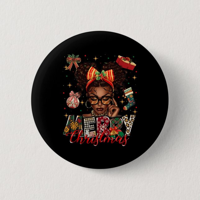African American Black Woman Merry Christmas Pajam Button (Front)
