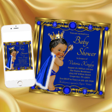African American Blue Gold Prince Baby Shower Invitation