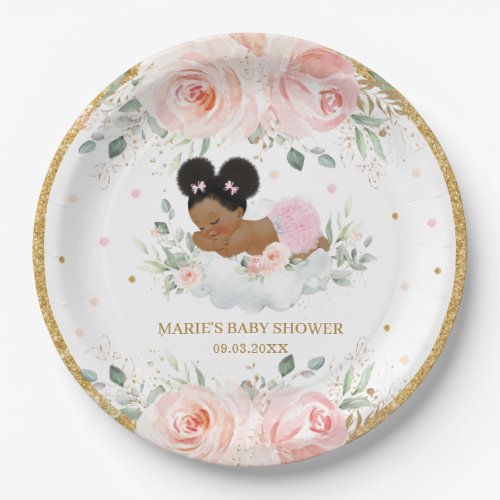 African American Blush Floral Girl Baby Shower  Paper Plates