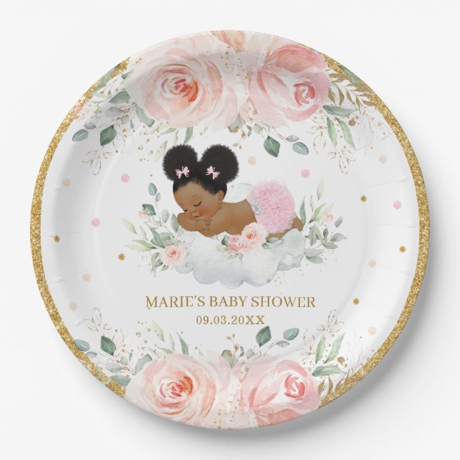 African American Blush Floral Girl Baby Shower  Paper Plates (Front)