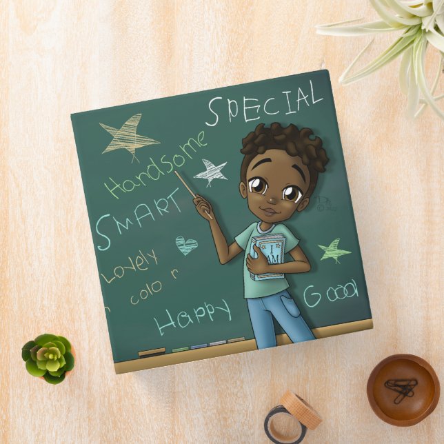 African American Boy and Green Chalkboard 3 Ring Binder (In Situ)