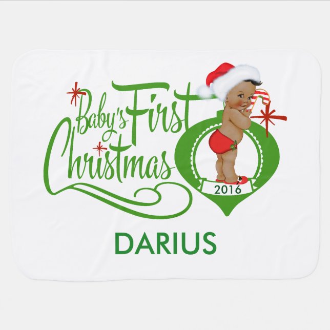 African American Boy Baby's First Christmas Blank Baby Blanket (Horizontal)