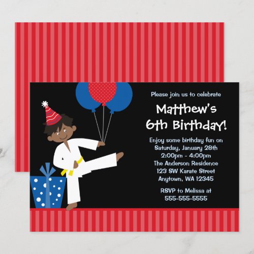 African American Boy Balloons Taekwondo Birthday Announcement