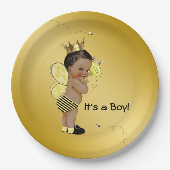 African American Boy Bee Baby Shower Paper Plates (Front)