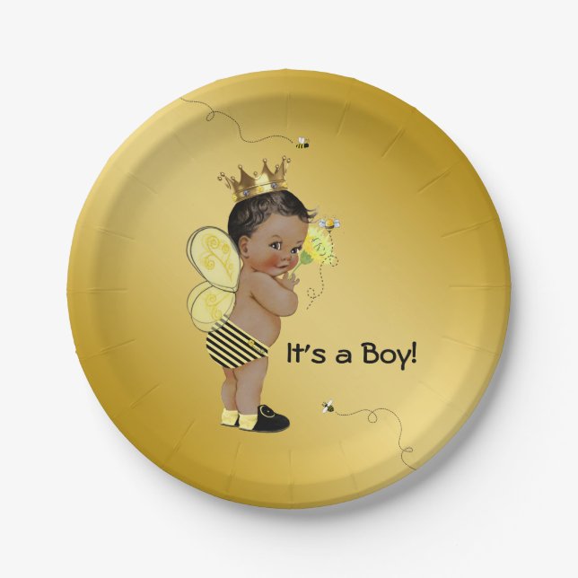 African American Boy Bee Baby Shower Paper Plates (Front)
