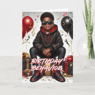 African American Boy Black/Red Birthday Behavior Card