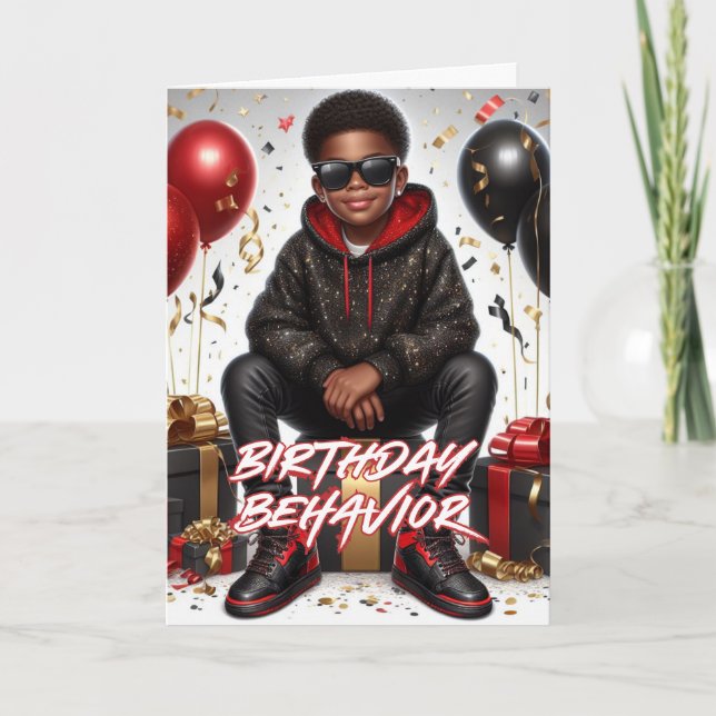 African American Boy Black/Red Birthday Behavior Card (Front)