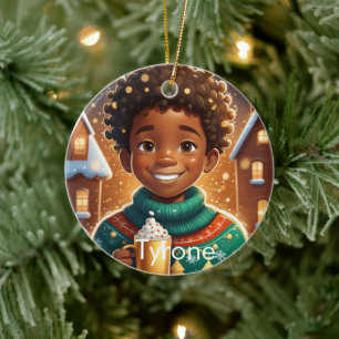 African AMerican Boy Christmas Joyful Ceramic Ornament