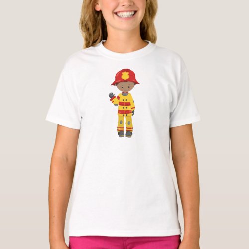 African American Boy Fireman Firefighter Helmet T_Shirt