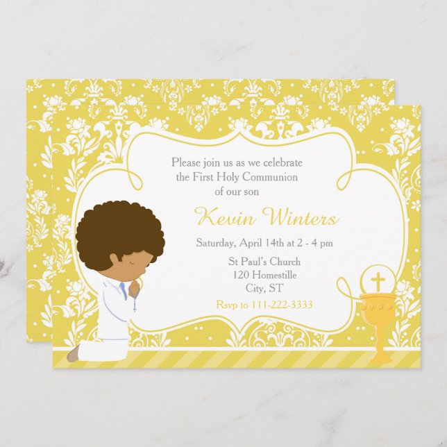 African American Boy First Communion Damask Invitation (Front/Back)