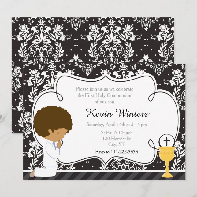 African American Boy First Communion Damask Invitation (Front/Back)